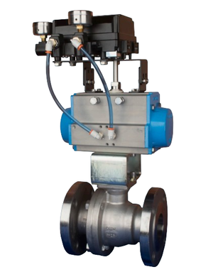 6" Bonomi PP760195V**SR-6 30-60°/60°/90° V-Port Ball Valve, 2-Way, Stainless Steel, ANSI 300 Flanged, For Steam, Split Body Style, with Spring Return Pneumatic Actuator and Pneumatic PNP-B 3-15 psi Positioner