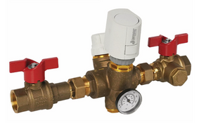 Jomar Valve TB-150MFG Series, Thermostatic Balancing Valve, Dezincification Resistant Lead-Free Brass, NPT Threaded, Actuated Thermal Disinfection, with Thermometer, Check Valve, Dual Isolation & Integrated Strainer, 150 CWP