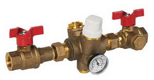 Jomar Valve TB-130MFG Series, Thermostatic Balancing Valve, Dezincification Resistant Lead-Free Brass, NPT Threaded, Automatic Thermal Disinfection, Thermometer, Check Valve, Dual Isolation & Integrated Strainer, 150 CWP