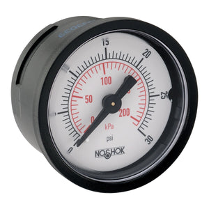 2" NOSHOK 100 Series Acrylonitrile Butadiene Styrene (ABS) & Steel Case Dry Pressure Gauges, 20-110-30-vac/kPa-1/8, ABS Case, Copper Alloy Internals, 30 vac/kPa, 1/8" NPT Back Connection
