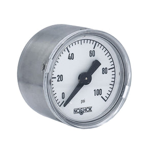 NOSHOK 100 Series Acrylonitrile Butadiene Styrene (ABS) & Steel Case Dry Pressure Gauges, 15-110-100-psi-SSC, 1-1/2" 304 SS Case, Copper Alloy Internals, 100 psi, 1/8 NPT Back Connector