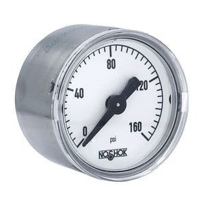 NOSHOK 100 Series Acrylonitrile Butadiene Styrene (ABS) & Steel Case Dry Pressure Gauges, 15-110-160-psi-SSC, 1-1/2" 304 SS Case, Copper Alloy Internals, 160 psi, 1/8 NPT Back Connector
