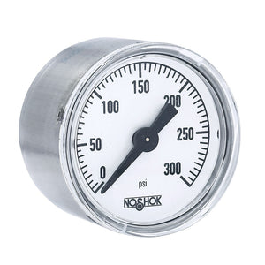NOSHOK 100 Series Acrylonitrile Butadiene Styrene (ABS) & Steel Case Dry Pressure Gauges, 15-110-300-psi-SSC, 1-1/2" 304 SS Case, Copper Alloy Internals, 300 psi, 1/8 NPT Back Connector