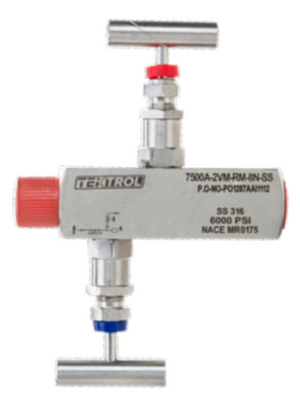 Tek-Trol Tek-Sub 7500A-2VM-RM-8N-SS, 2-Way Block and Bleed Manifold Valve, MNPT x 1/2" FNPT, PTFE Seal, 316 Stainless Steel Body, 6000 psi