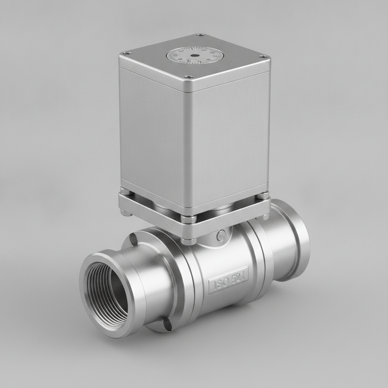 Electrically actuated stainless steel ball valve with motorized actuator mounted on valve body