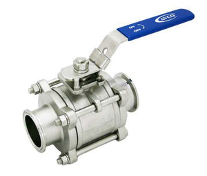 AVCO 500 Series Sanitary Ball Valve, 3 Piece, 316 Stainless Steel Body, Full Port, Clamp with Direct Mount Pad and Locking Handle, Cavity Filled Seats