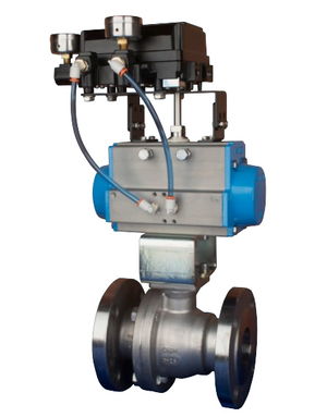 Bonomi PP760195V**DA 30-60°/60°/90° V-Port Ball Valve, 2-Way, Stainless Steel, ANSI 300 Flanged, For Steam, Split  Body Style, with Double Acting Pneumatic Actuator and Pneumatic PNP-B 3-15 psi Positioner