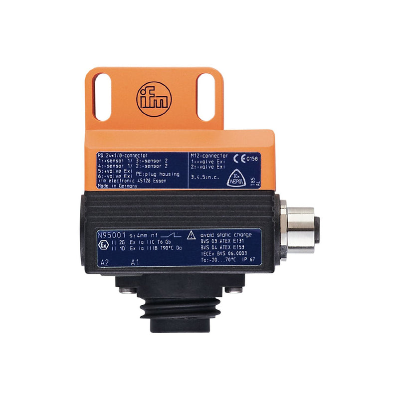 IFM N95001 Inductive Dual Sensor, 4 mm Sensing Range, Non-Flush Mountable, 2x Normally Close, 3-Wire NAMUR, M12/Rd24 Connector, IP67