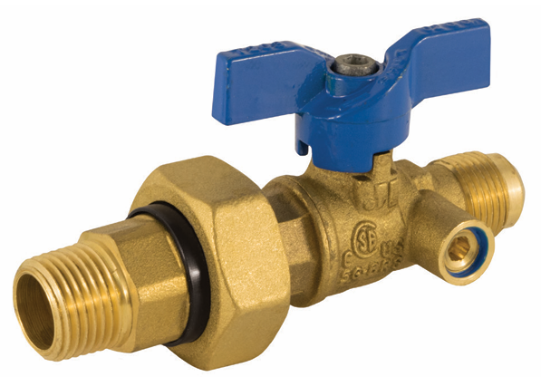 Jomar Valve T-203DU Series, 2 Piece, Gas Ball Valve, Integrated Dielectric Union End, T-Handle, Side Tap, 600 WOG