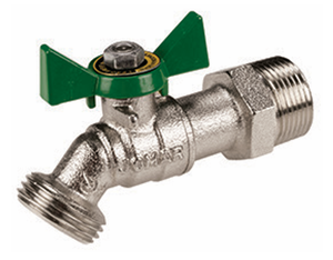 3/4"  Jomar Valve T-632NKG, Quarter Turn Hose Bibb, No Kink, Nickel Plated Finish, MNPT x 3/4" Hose Connection, T-Handle, 200 WOG