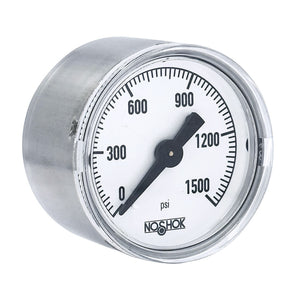 NOSHOK 100 Series Acrylonitrile Butadiene Styrene (ABS) & Steel Case Dry Pressure Gauges, 15-110-1500-psi-SSC, 1-1/2" 304 SS Case, Copper Alloy Internals, 1500 psi, 1/8 NPT Back Connector