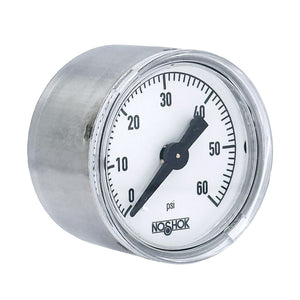NOSHOK 100 Series Acrylonitrile Butadiene Styrene (ABS) & Steel Case Dry Pressure Gauges, 15-110-60-psi-SSC, 1-1/2" 304 SS Case, Copper Alloy Internals, 60 psi, 1/8 NPT Back Connector