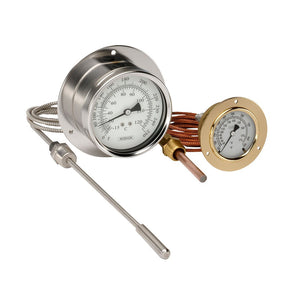 2-1/2" NOSHOK 300 Series Vapor Actuated Remote Dial Indicating Thermometers, 25-310-2-4-7-2-30-3-2, 30 to 240 ˚F/˚C Armored Copper Capillary, 30 ft, 1/2" NPT Union Copper Bulb, 4-1/2" x 3/8", -40&deg; Service Fill, Chrome Bezel, U-Clamp