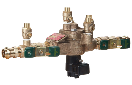 Watts LF009 Series, Lead-Free Copper Silicon Alloy, Reduced Pressure Zone Backflow Preventer Assembly, Quarter Turn Ball Valve Shutoff, Viega Propress Adaptors, Backflow Flood Sensor
