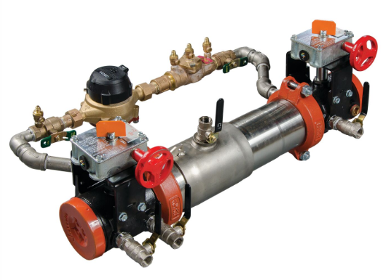 Watts LF757DCDA Series, Lead-Free Stainless Steel, Double Check Detector Backflow Preventer Assembly, UL/FM Butterfly Valve Shutoffs, Gallons/Minute Meter